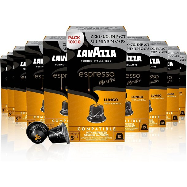 10 x pakker Lavazza Maestro Lungo Aluminiums kapsler til Nespresso (100 kapsler)
