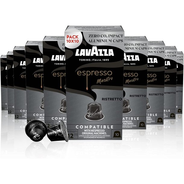 10 x pakker Lavazza Maestro Ristretto Aluminiums kapsler til Nespresso (100 kapsler)