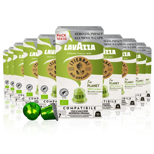 10 x pakker Lavazza Tierra Organic Aluminiums kapsler til Nespresso (100 kapsler)
